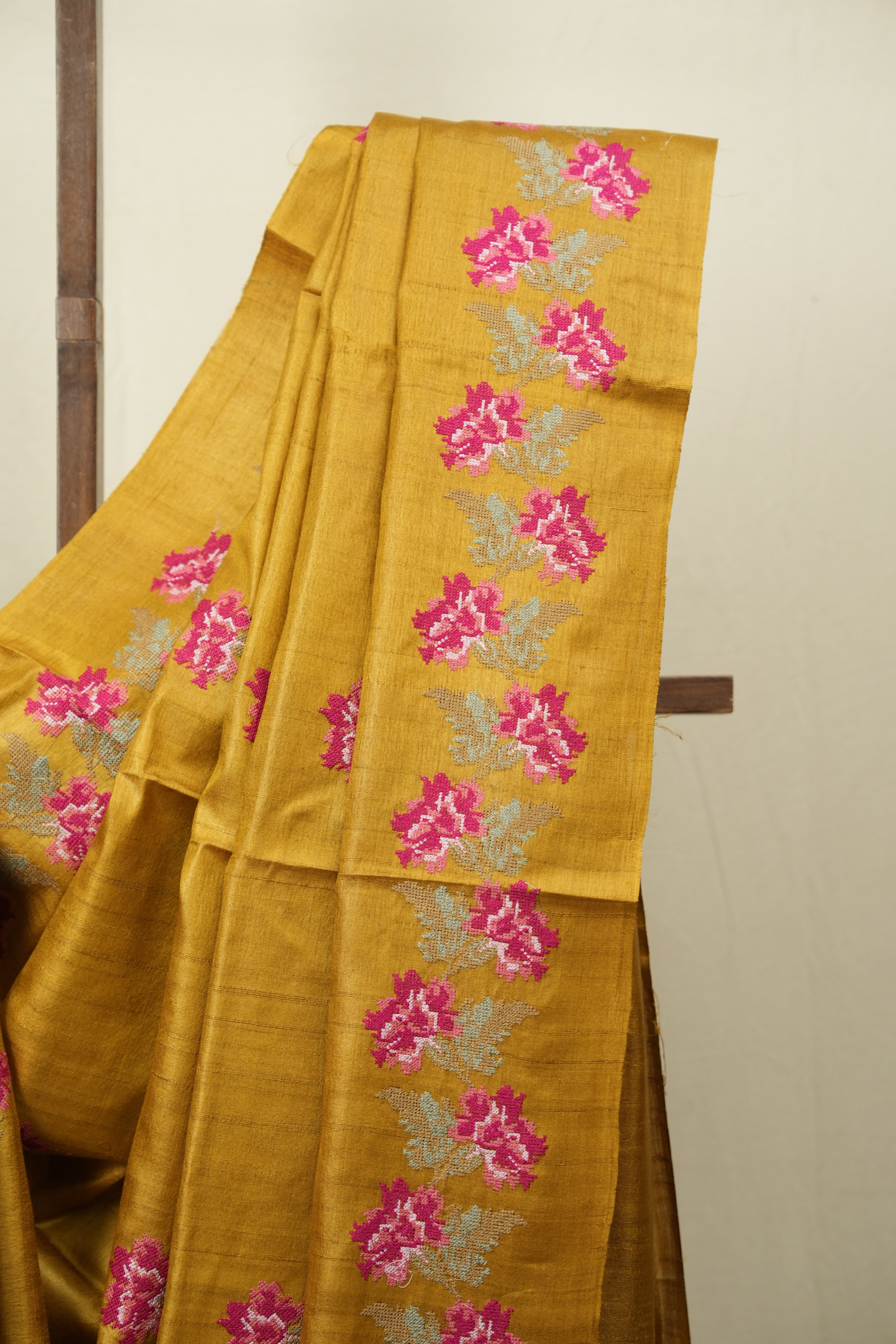 Mustard Machine Embroidered Tussar Silk Saree - SRMMETSS1568