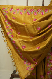Mustard Machine Embroidered Tussar Silk Saree - SRMMETSS1568