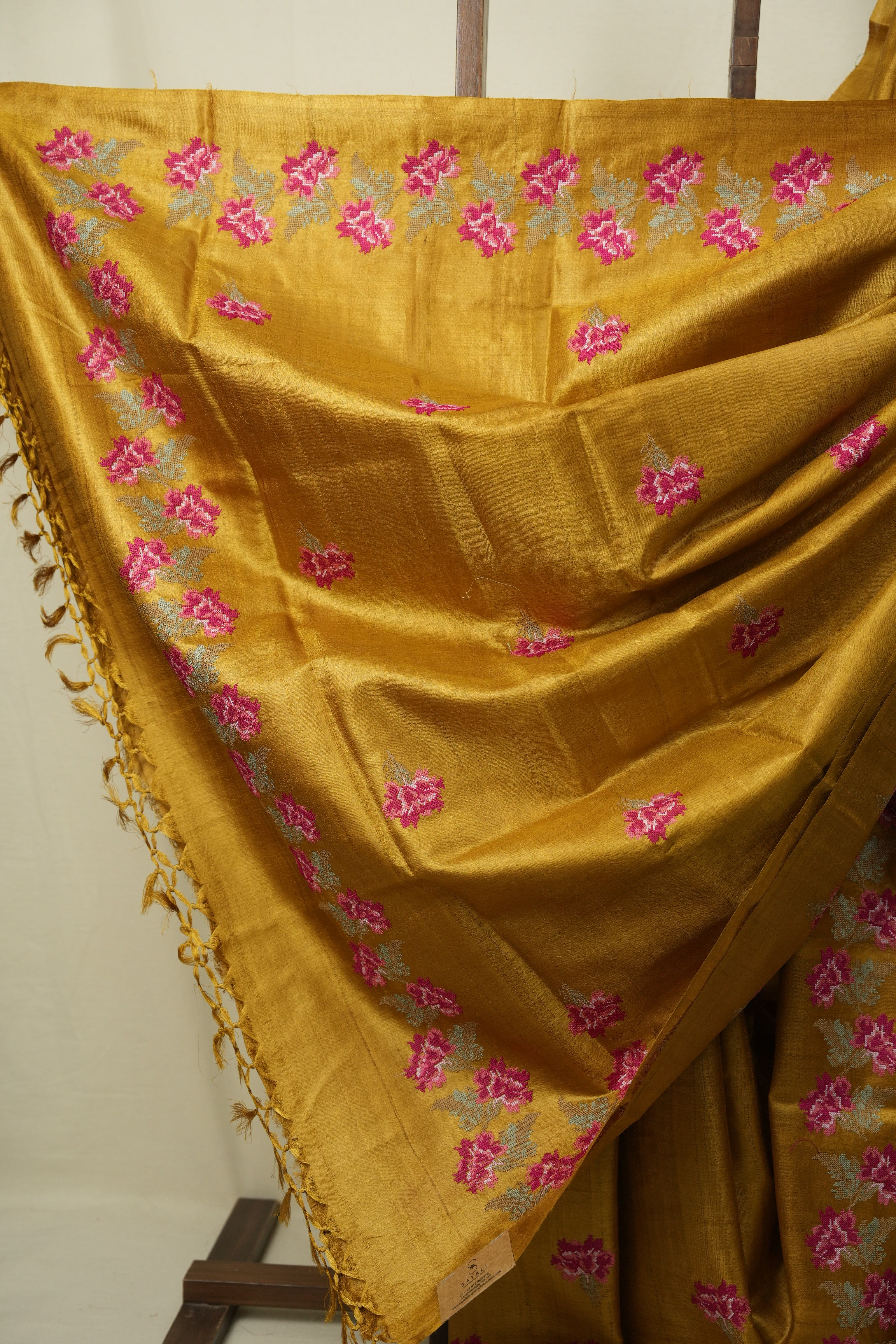 Mustard Machine Embroidered Tussar Silk Saree - SRMMETSS1568