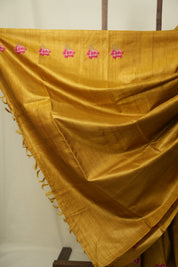 Mustard Machine Embroidered Tussar Silk Saree - SRMMETSS1568