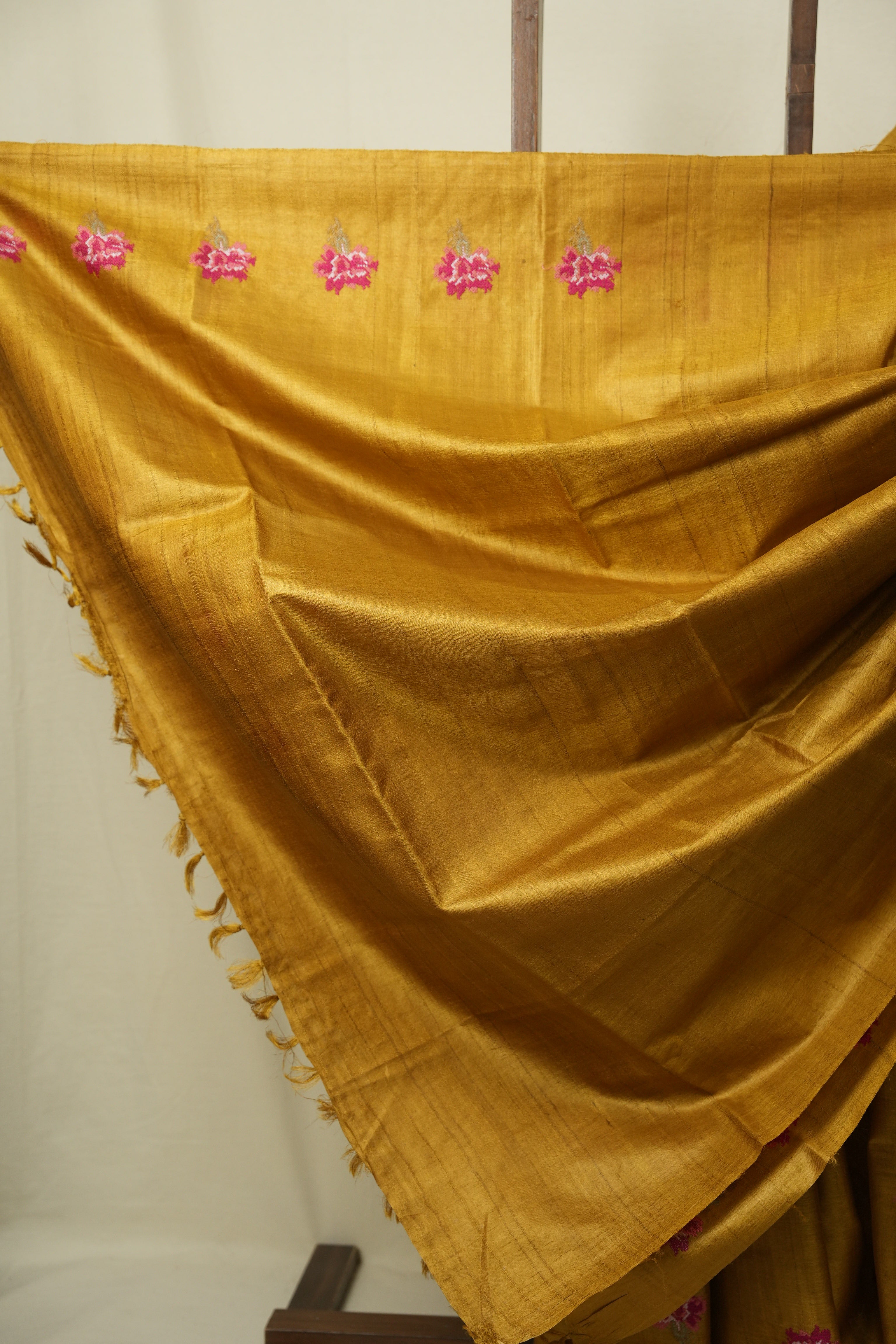 Mustard Machine Embroidered Tussar Silk Saree - SRMMETSS1568