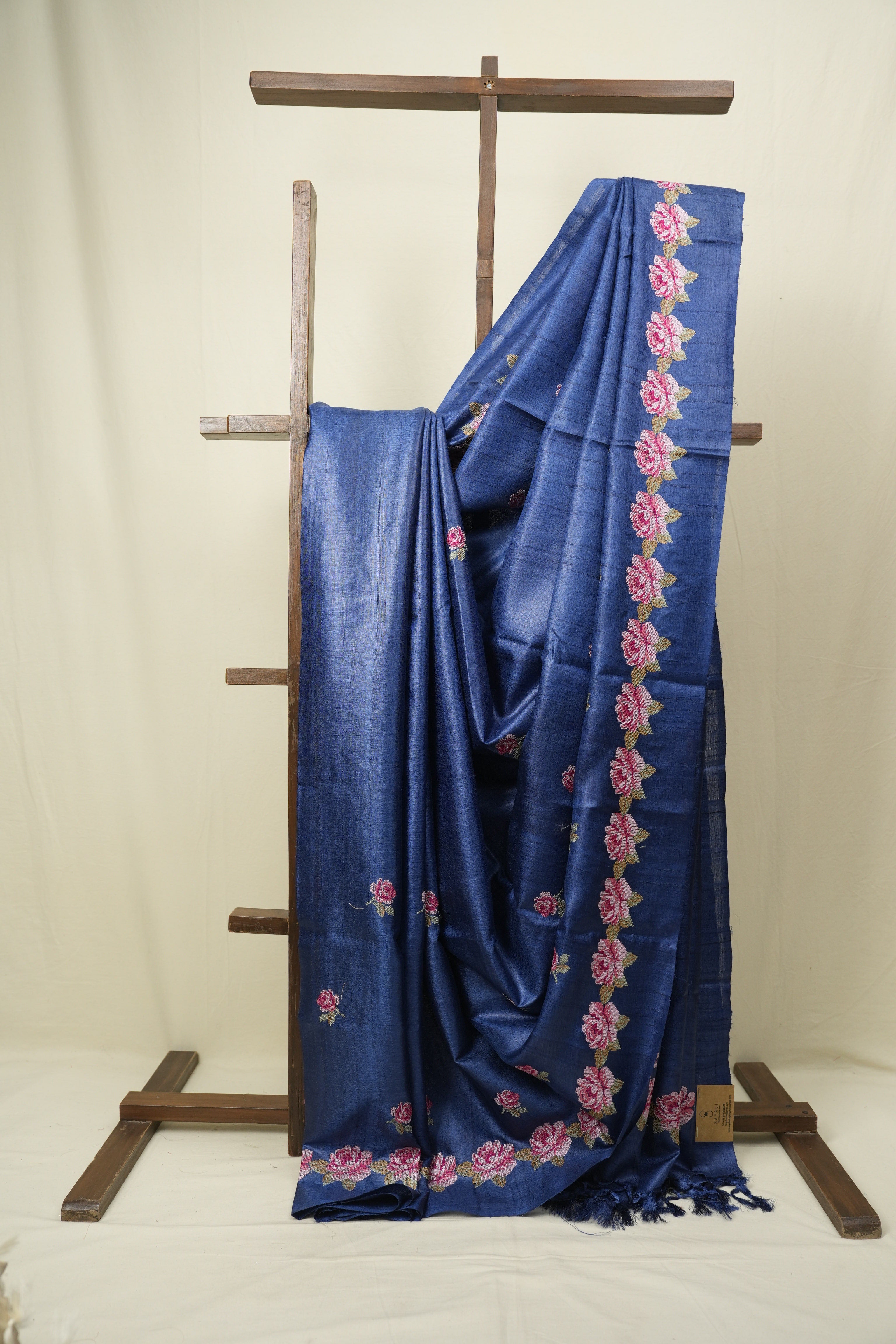 Navy Blue Machine Embroidered Tussar Silk Saree - SRNBMETSS1572