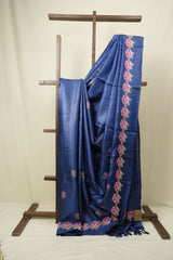 Navy Blue Machine Embroidered Tussar Silk Saree - SRNBMETSS1572