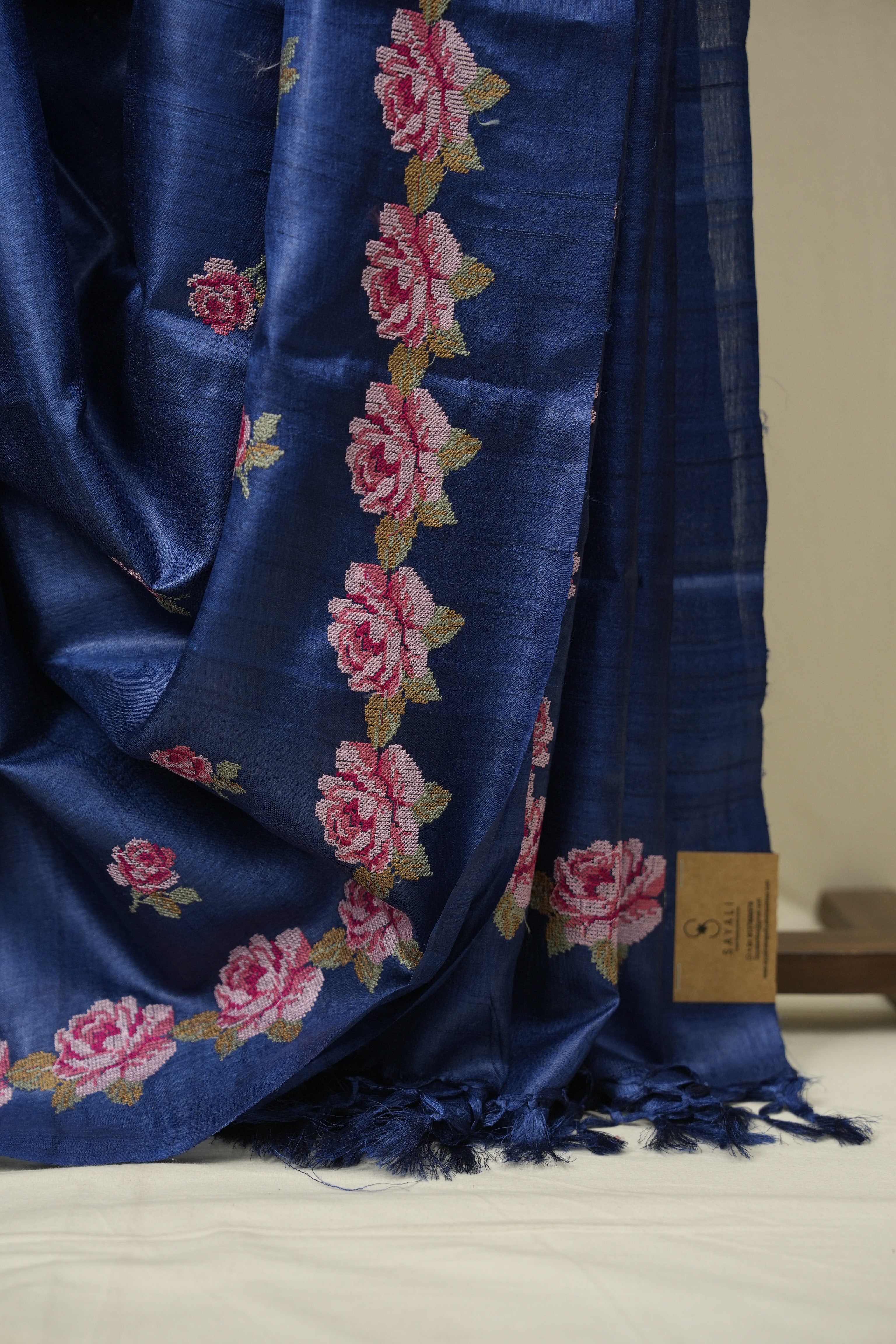 Navy Blue Machine Embroidered Tussar Silk Saree - SRNBMETSS1572
