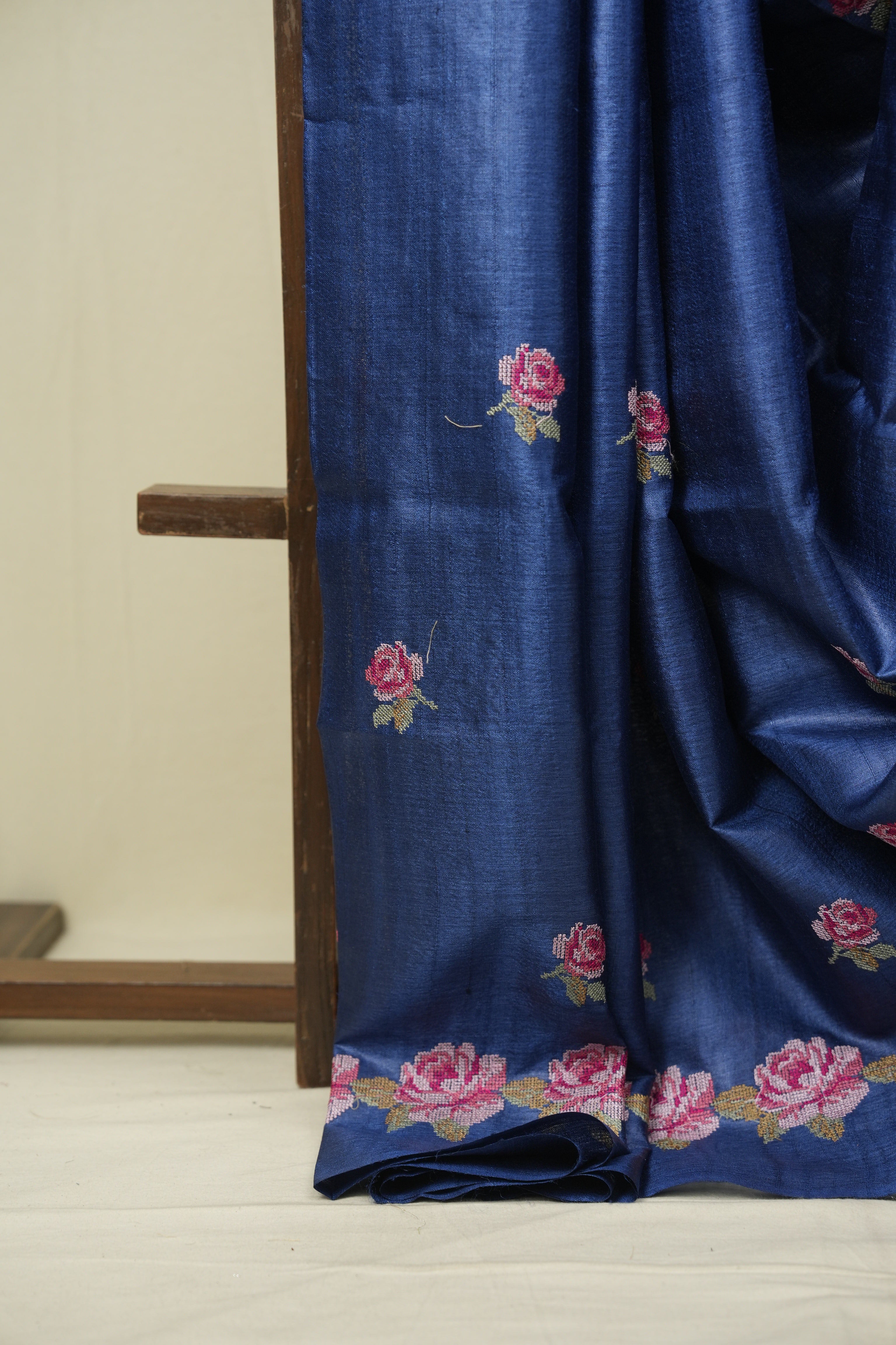 Navy Blue Machine Embroidered Tussar Silk Saree - SRNBMETSS1572