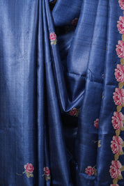 Navy Blue Machine Embroidered Tussar Silk Saree - SRNBMETSS1572