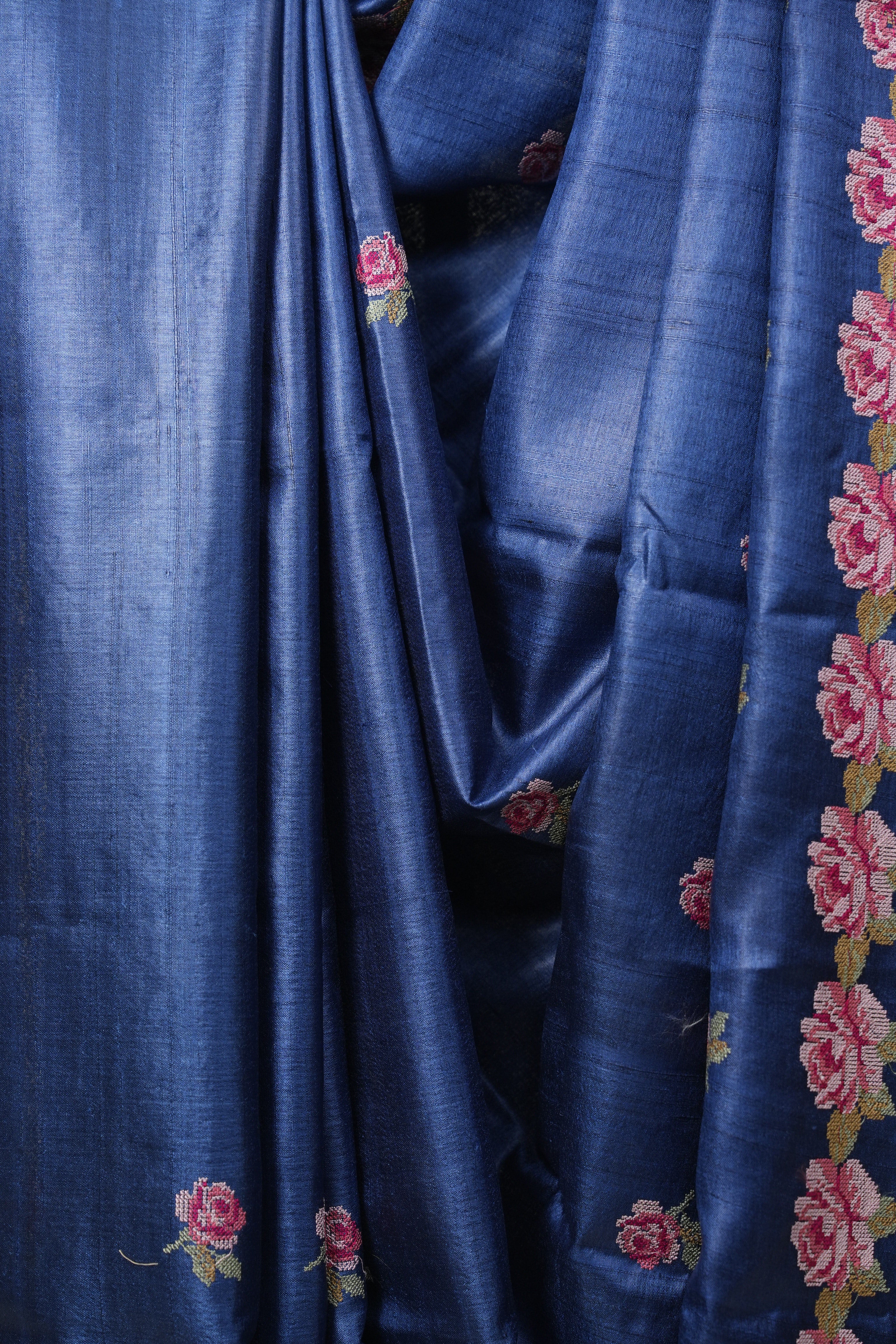Navy Blue Machine Embroidered Tussar Silk Saree - SRNBMETSS1572