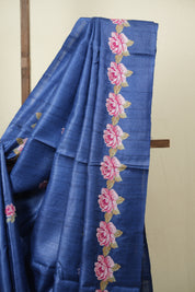 Navy Blue Machine Embroidered Tussar Silk Saree - SRNBMETSS1572