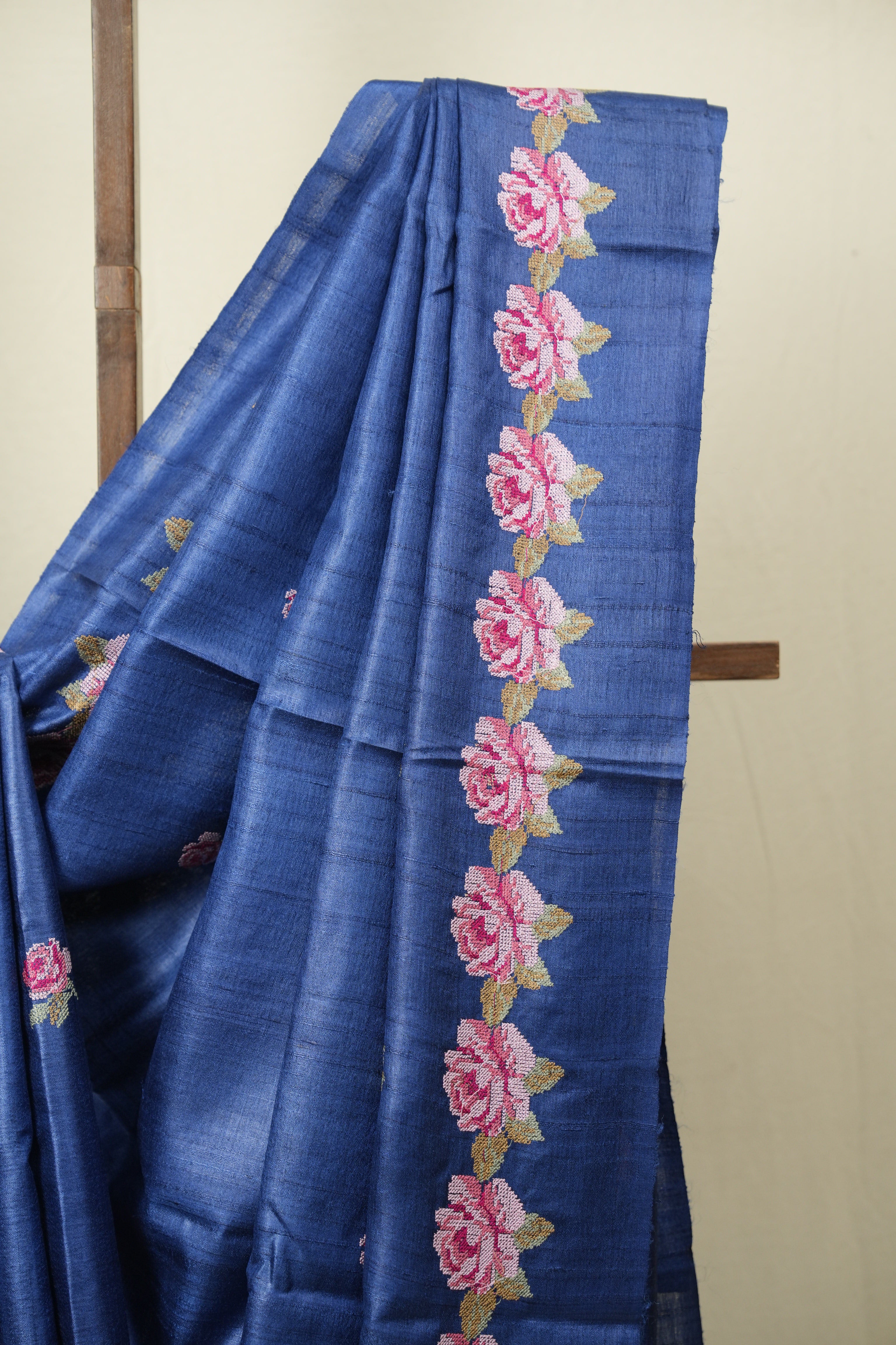 Navy Blue Machine Embroidered Tussar Silk Saree - SRNBMETSS1572