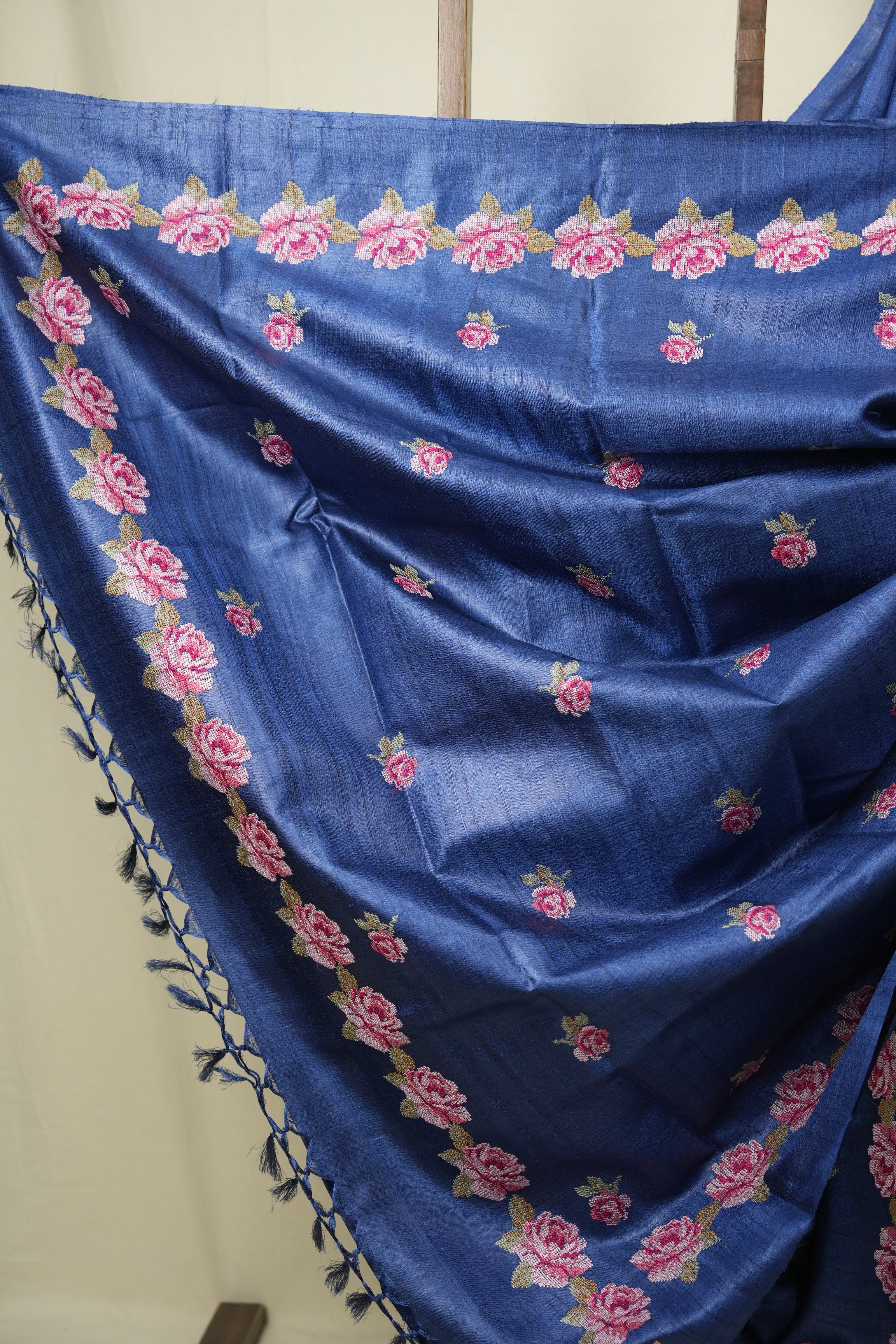 Navy Blue Machine Embroidered Tussar Silk Saree - SRNBMETSS1572
