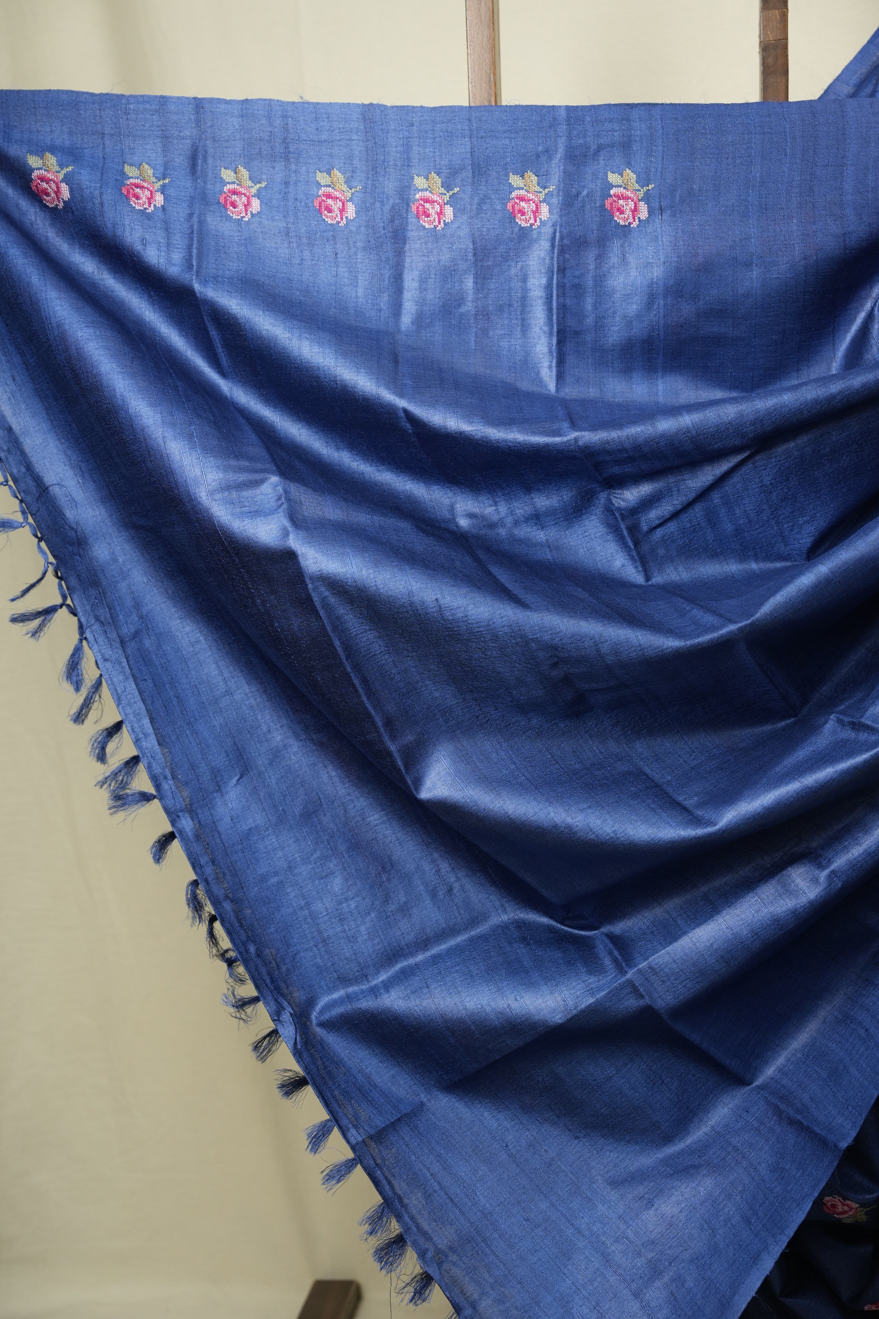 Navy Blue Machine Embroidered Tussar Silk Saree - SRNBMETSS1572