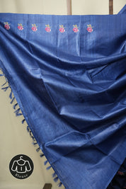 Navy Blue Machine Embroidered Tussar Silk Saree - SRNBMETSS1572