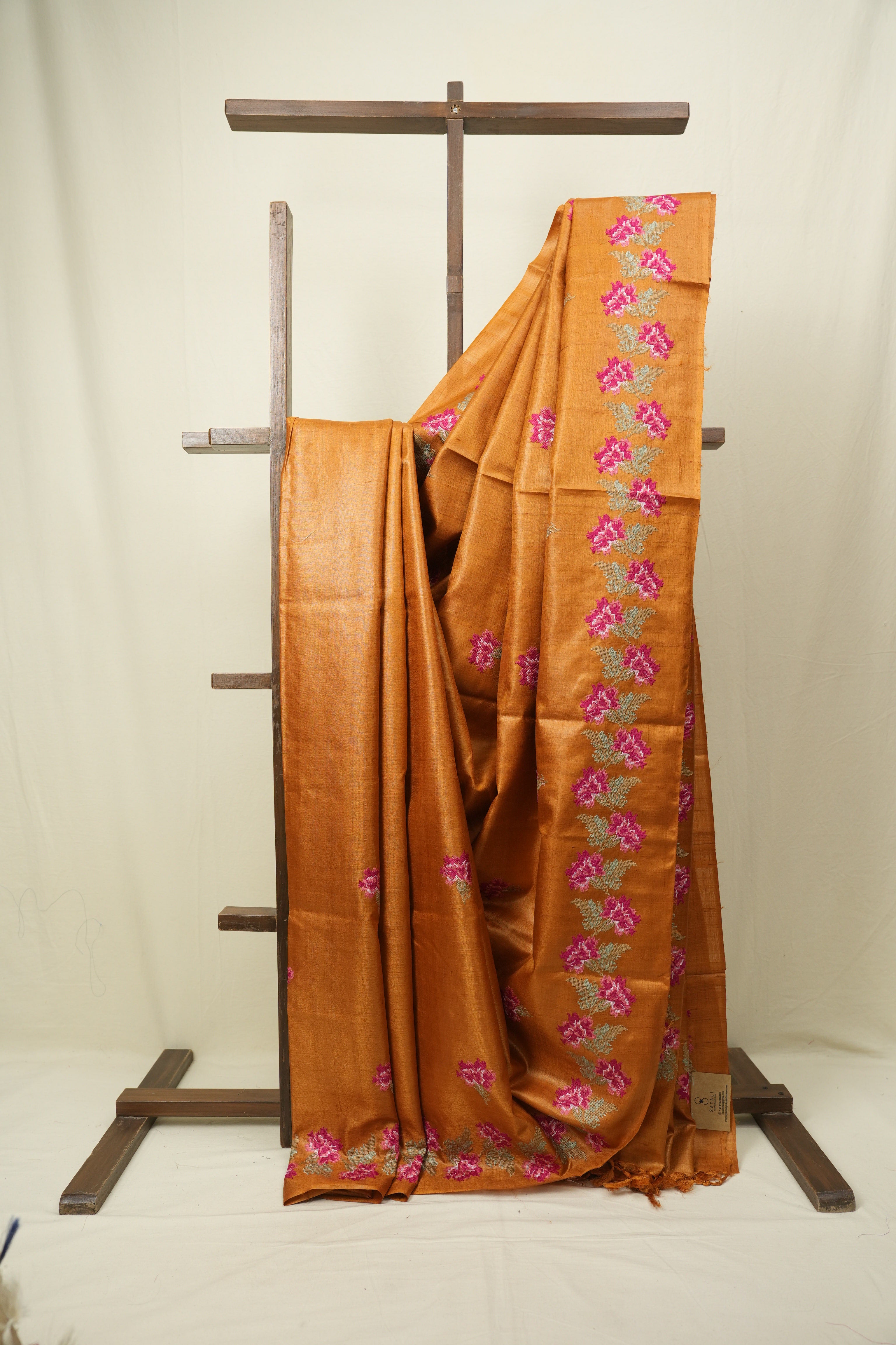 Orange Machine Embroidered Tussar Silk Saree - SROMETSS1570