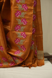 Orange Machine Embroidered Tussar Silk Saree - SROMETSS1570