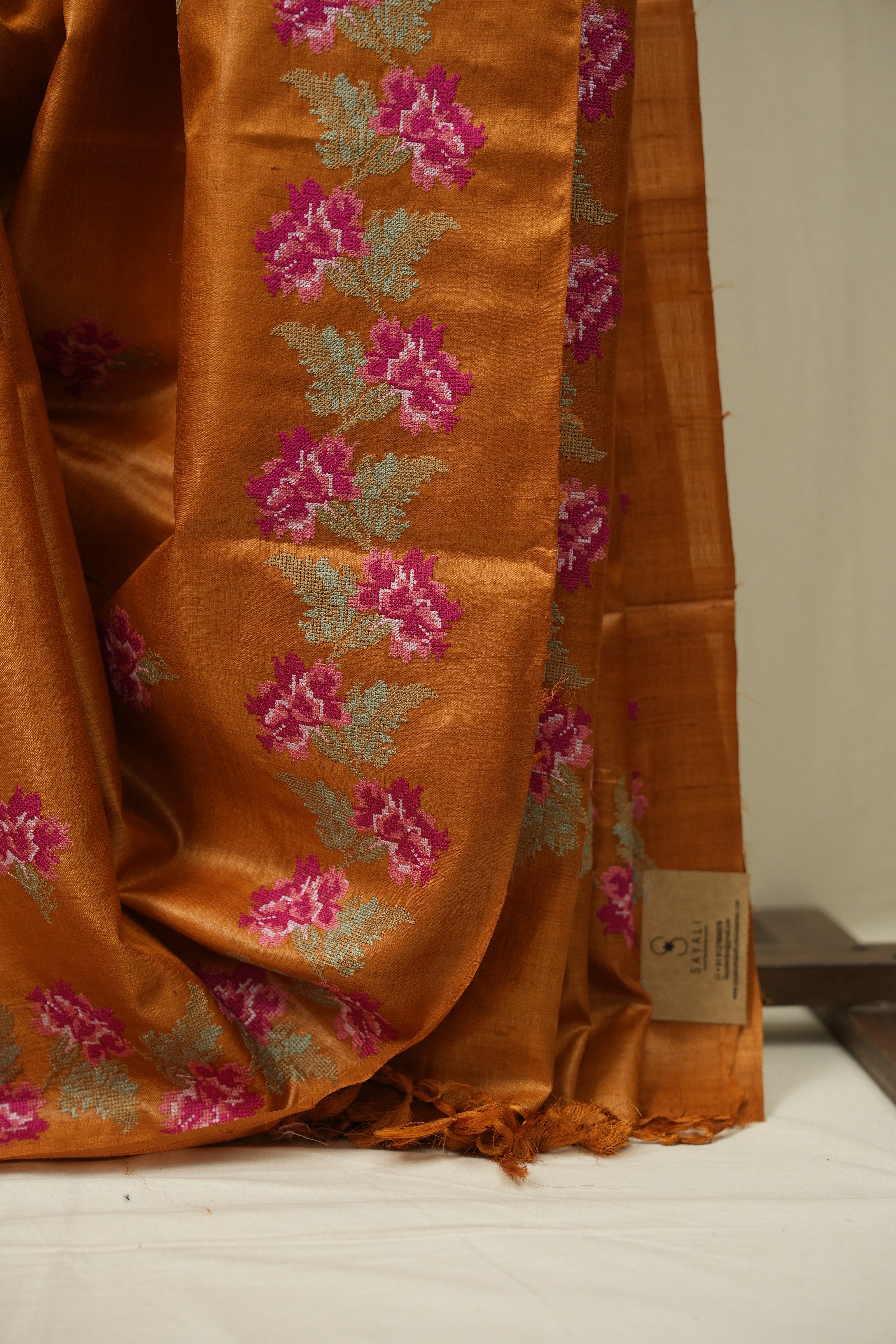 Orange Machine Embroidered Tussar Silk Saree - SROMETSS1570