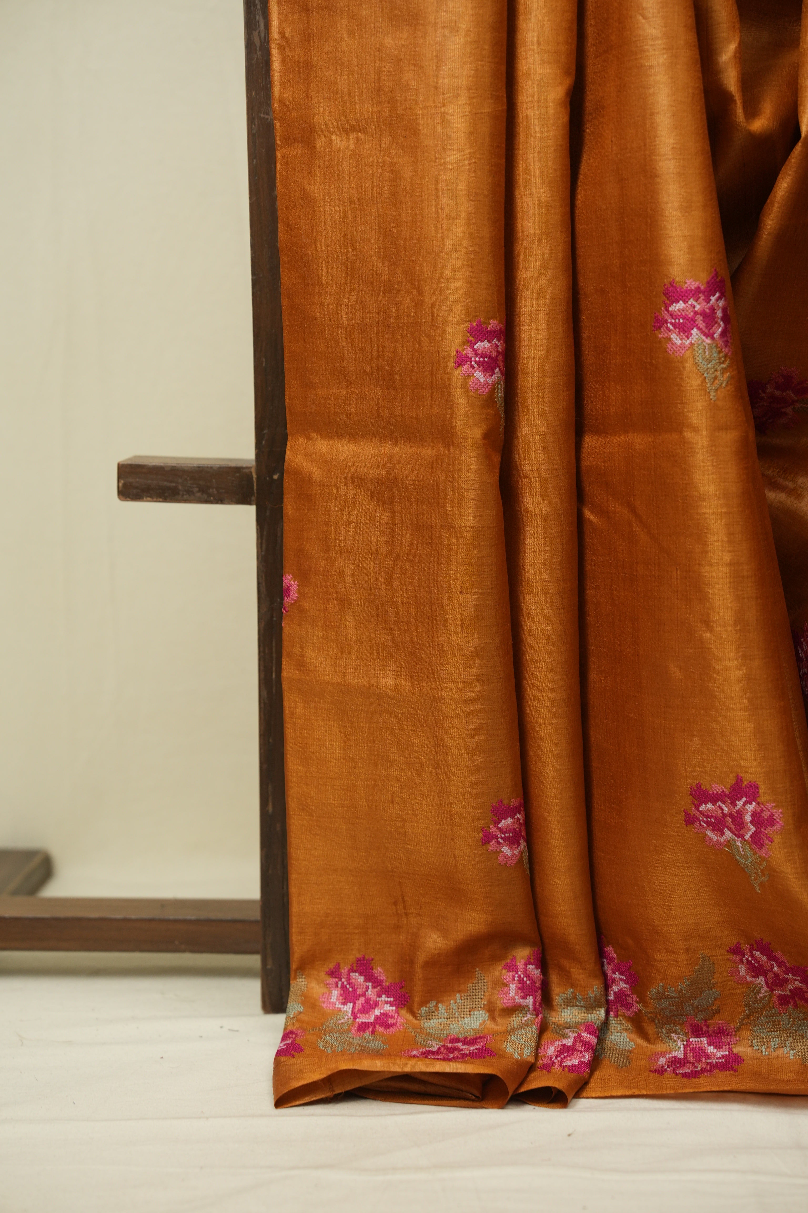 Orange Machine Embroidered Tussar Silk Saree - SROMETSS1570