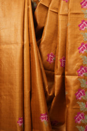 Orange Machine Embroidered Tussar Silk Saree - SROMETSS1570