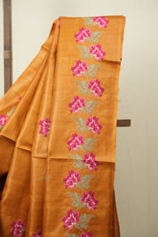 Orange Machine Embroidered Tussar Silk Saree - SROMETSS1570