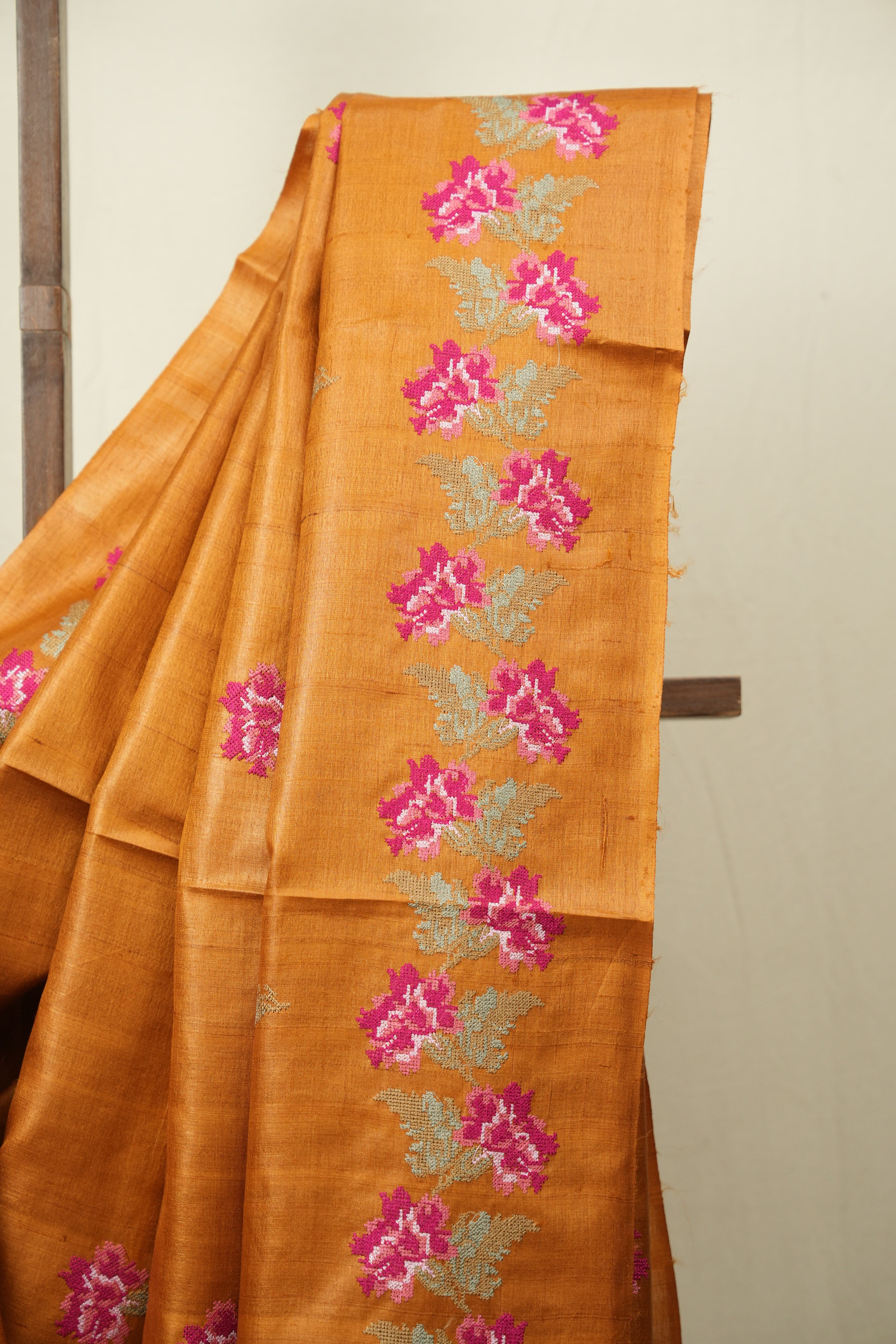 Orange Machine Embroidered Tussar Silk Saree - SROMETSS1570