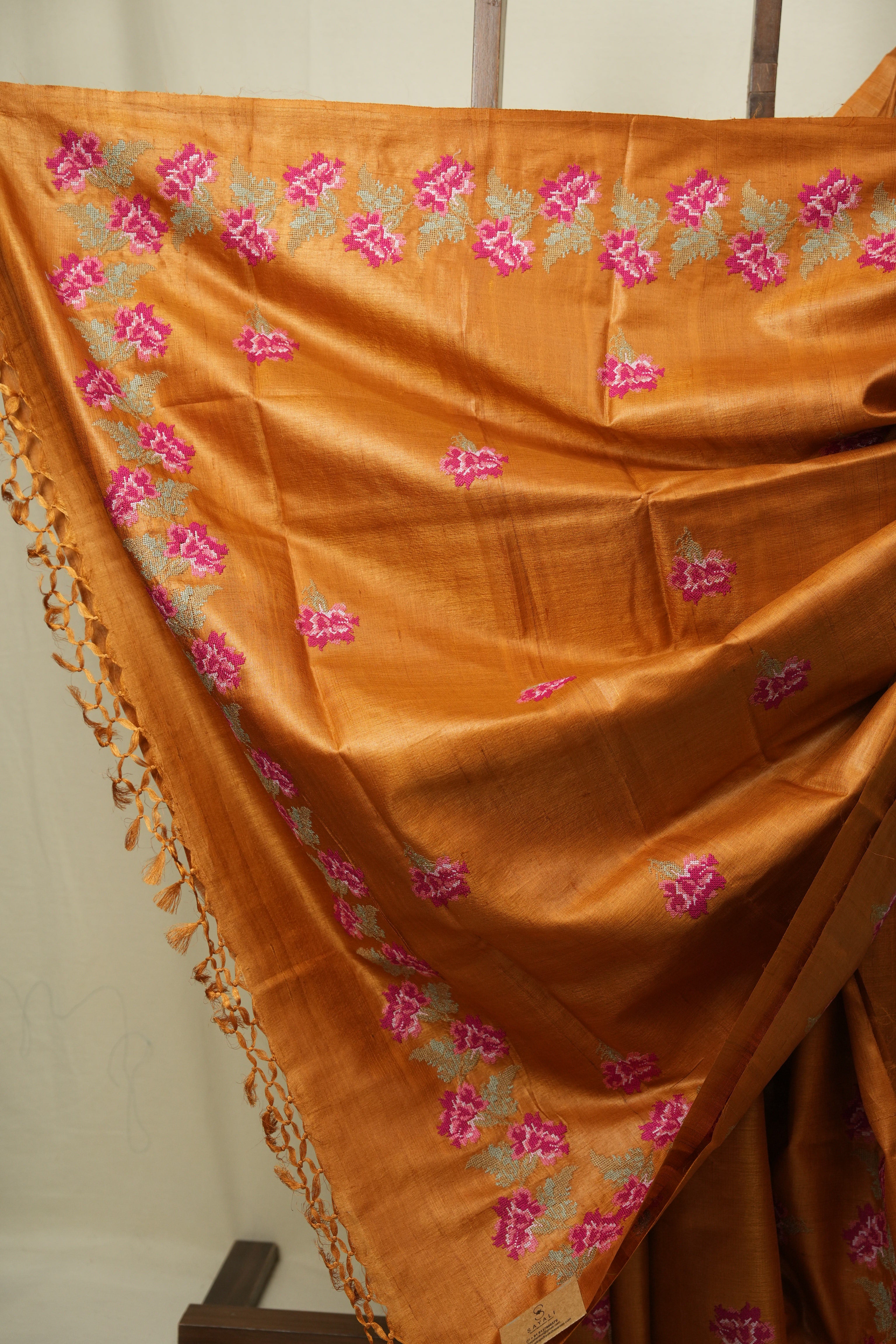 Orange Machine Embroidered Tussar Silk Saree - SROMETSS1570