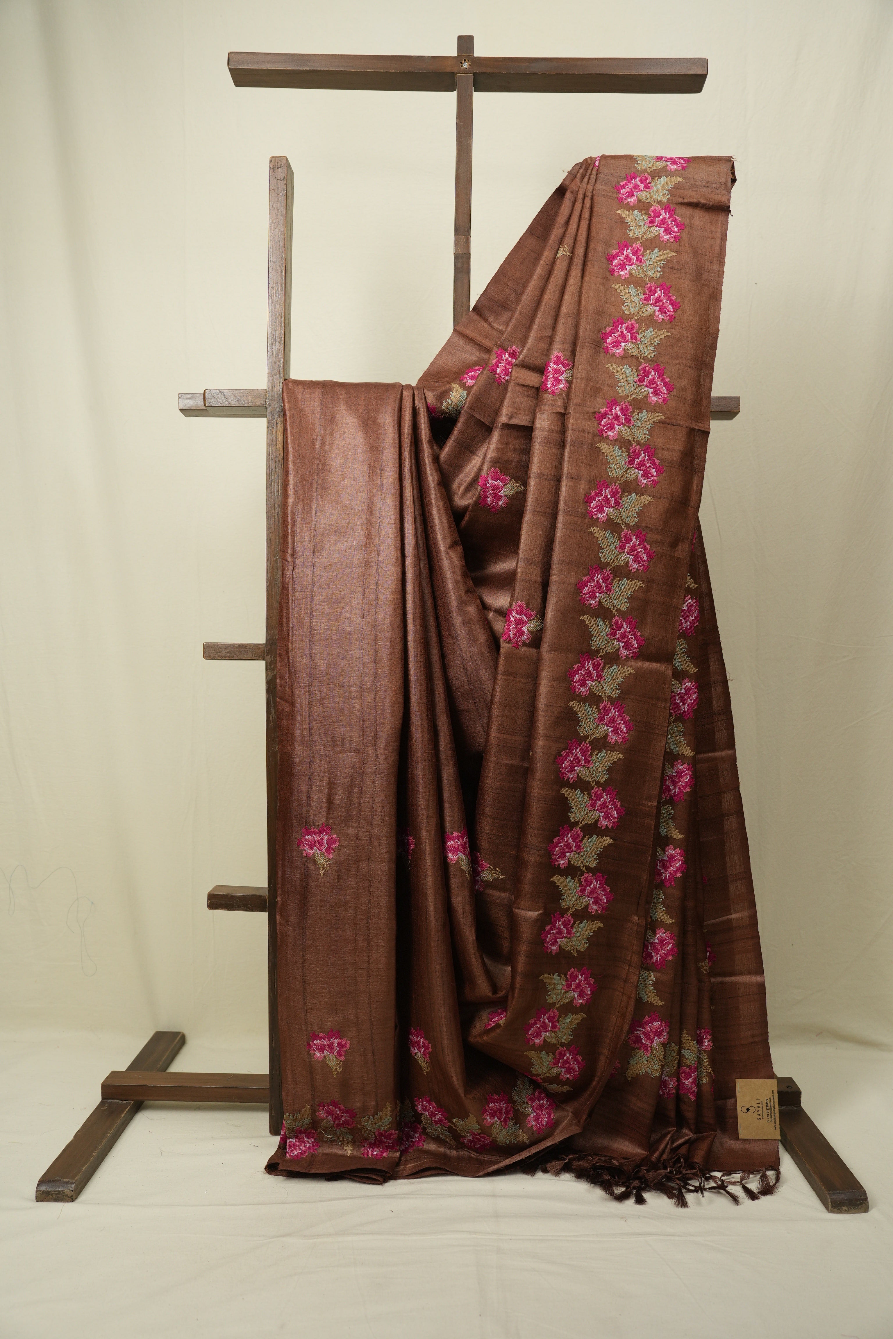 Brown Machine Embroidered Tussar Silk Saree - SRBMETSS1563