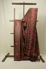 Brown Machine Embroidered Tussar Silk Saree - SRBMETSS1563