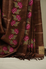 Brown Machine Embroidered Tussar Silk Saree - SRBMETSS1563