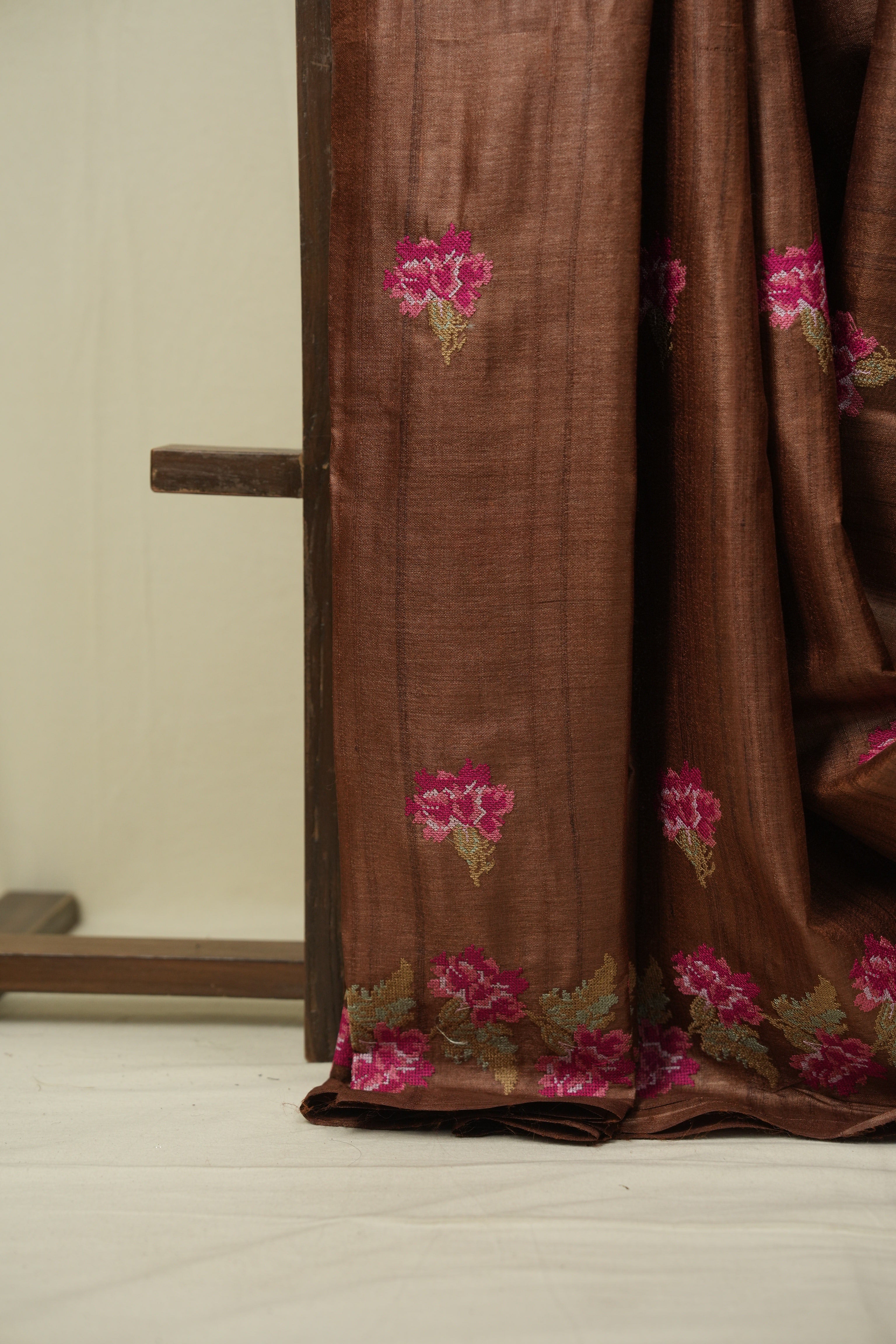 Brown Machine Embroidered Tussar Silk Saree - SRBMETSS1563