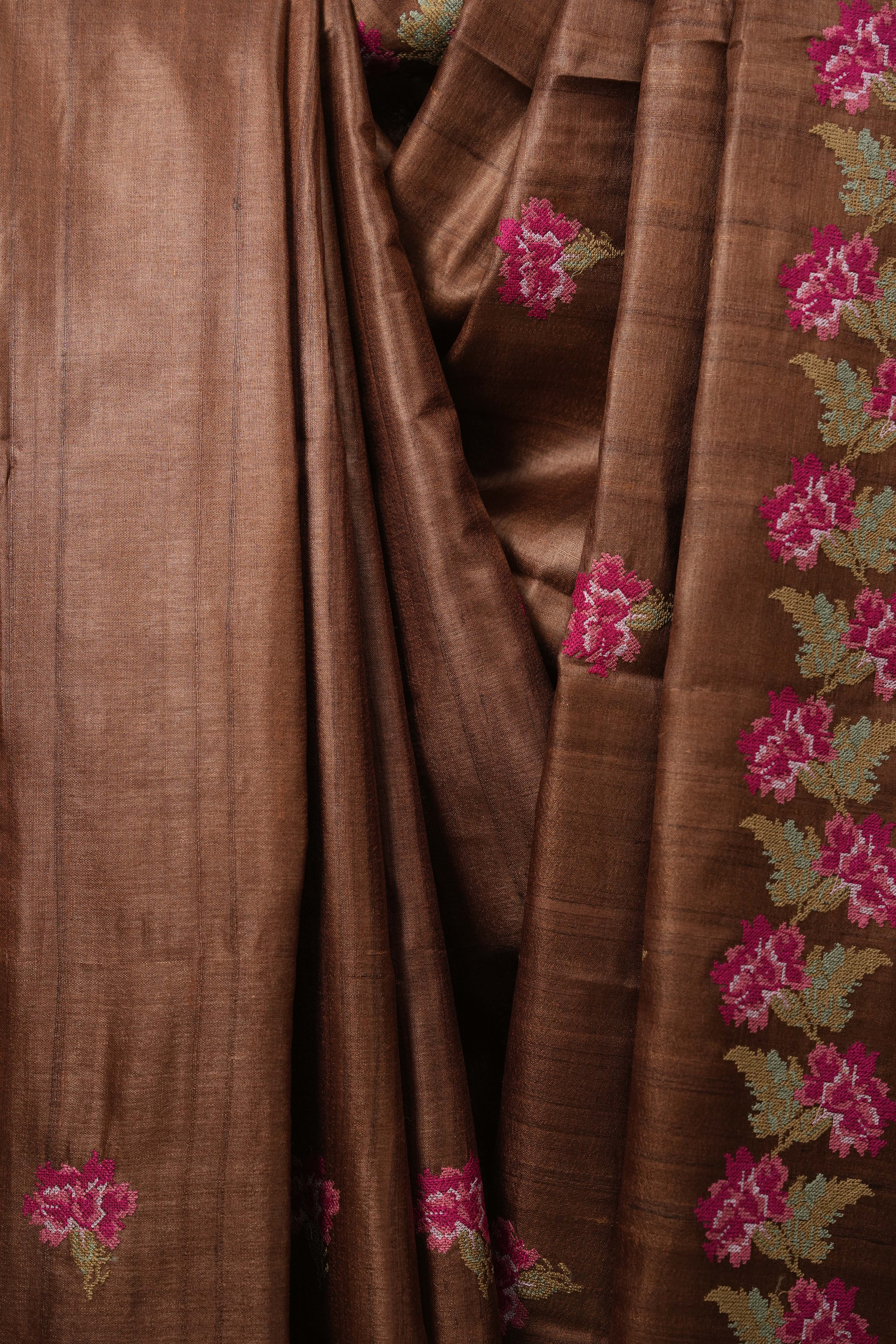 Brown Machine Embroidered Tussar Silk Saree - SRBMETSS1563