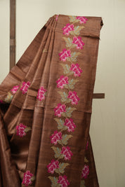 Brown Machine Embroidered Tussar Silk Saree - SRBMETSS1563
