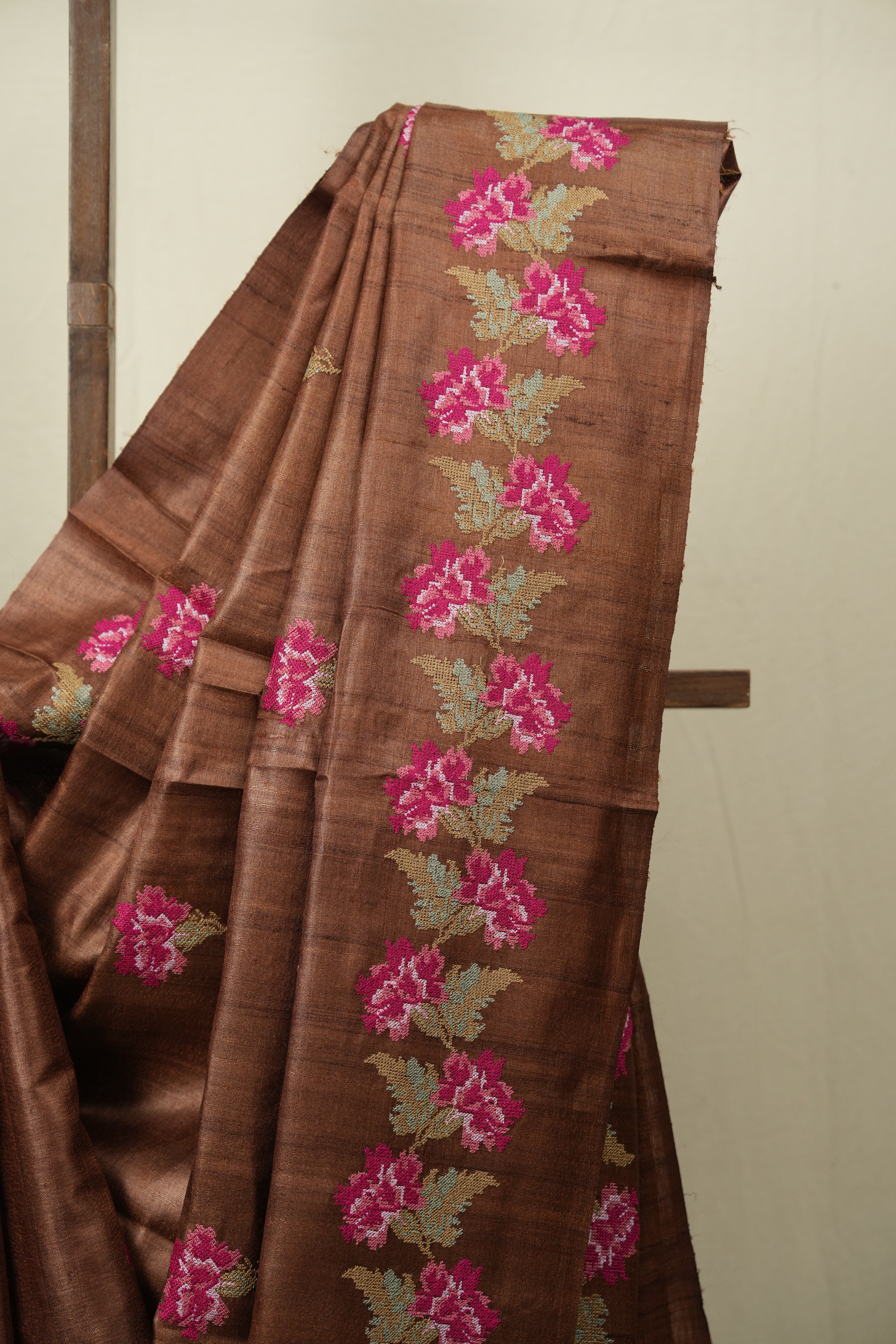 Brown Machine Embroidered Tussar Silk Saree - SRBMETSS1563