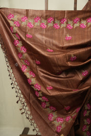 Brown Machine Embroidered Tussar Silk Saree - SRBMETSS1563
