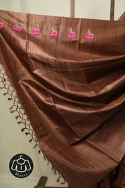 Brown Machine Embroidered Tussar Silk Saree - SRBMETSS1563
