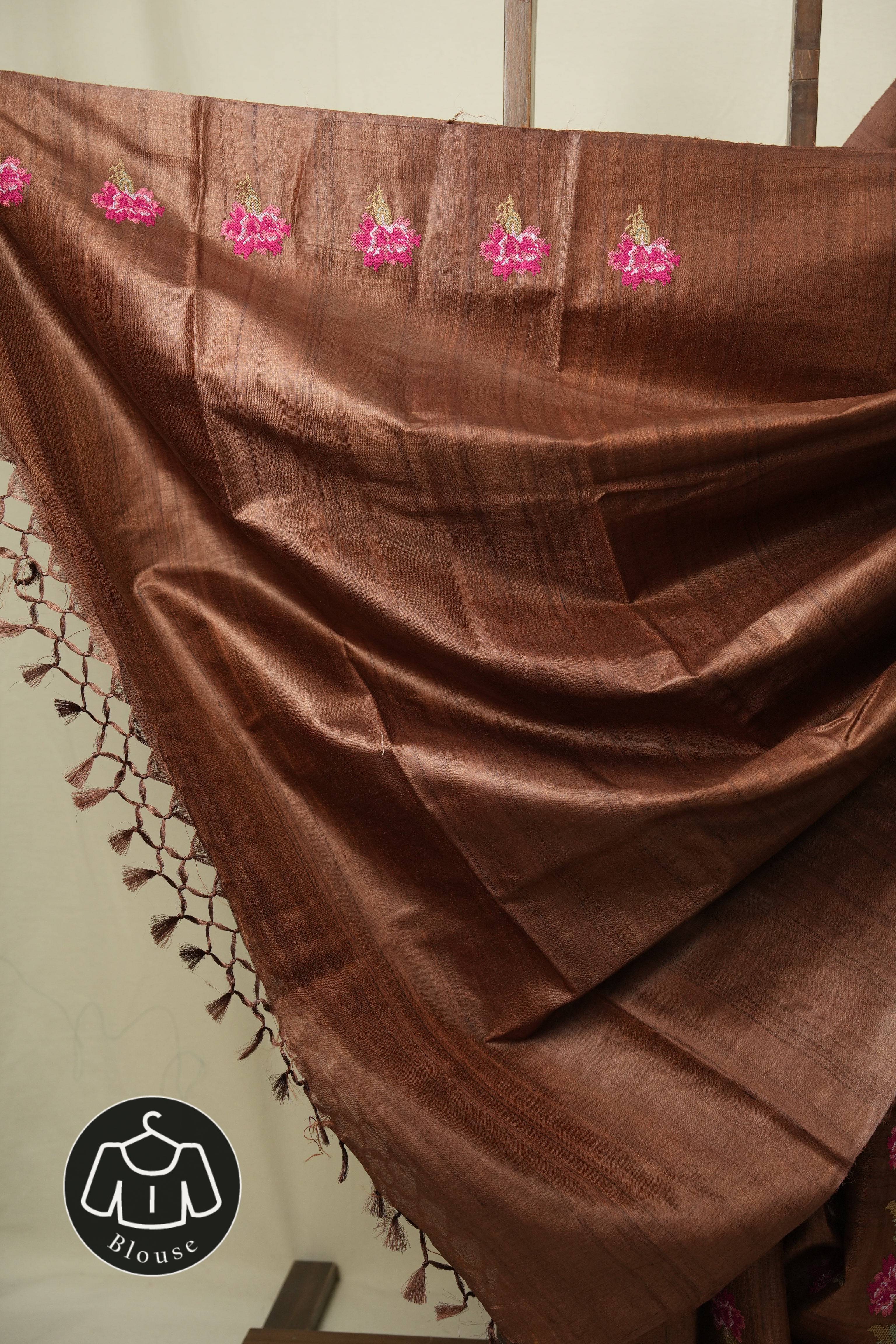 Brown Machine Embroidered Tussar Silk Saree - SRBMETSS1563