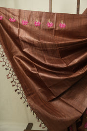 Brown Machine Embroidered Tussar Silk Saree - SRBMETSS1563