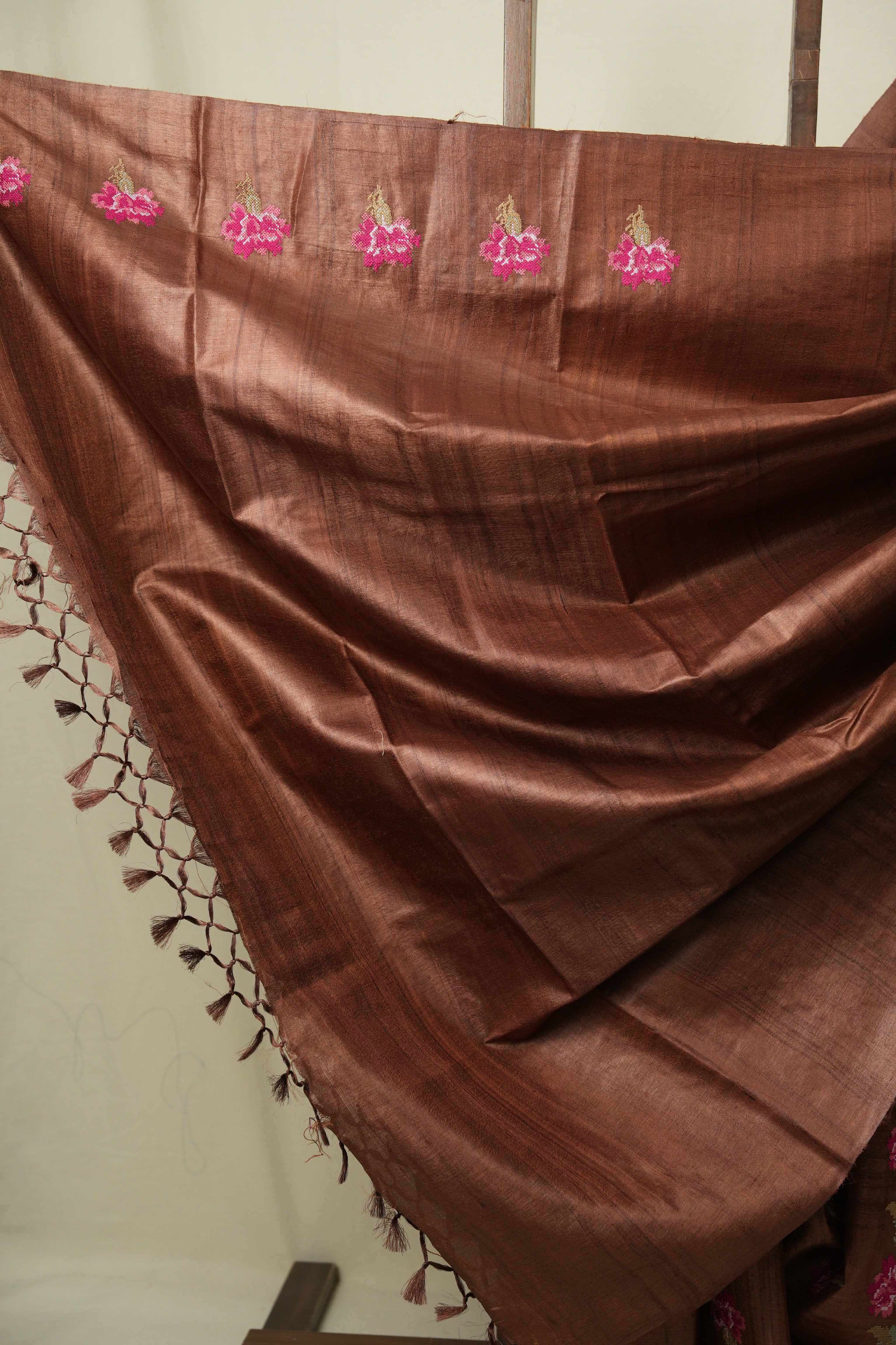 Brown Machine Embroidered Tussar Silk Saree - SRBMETSS1563