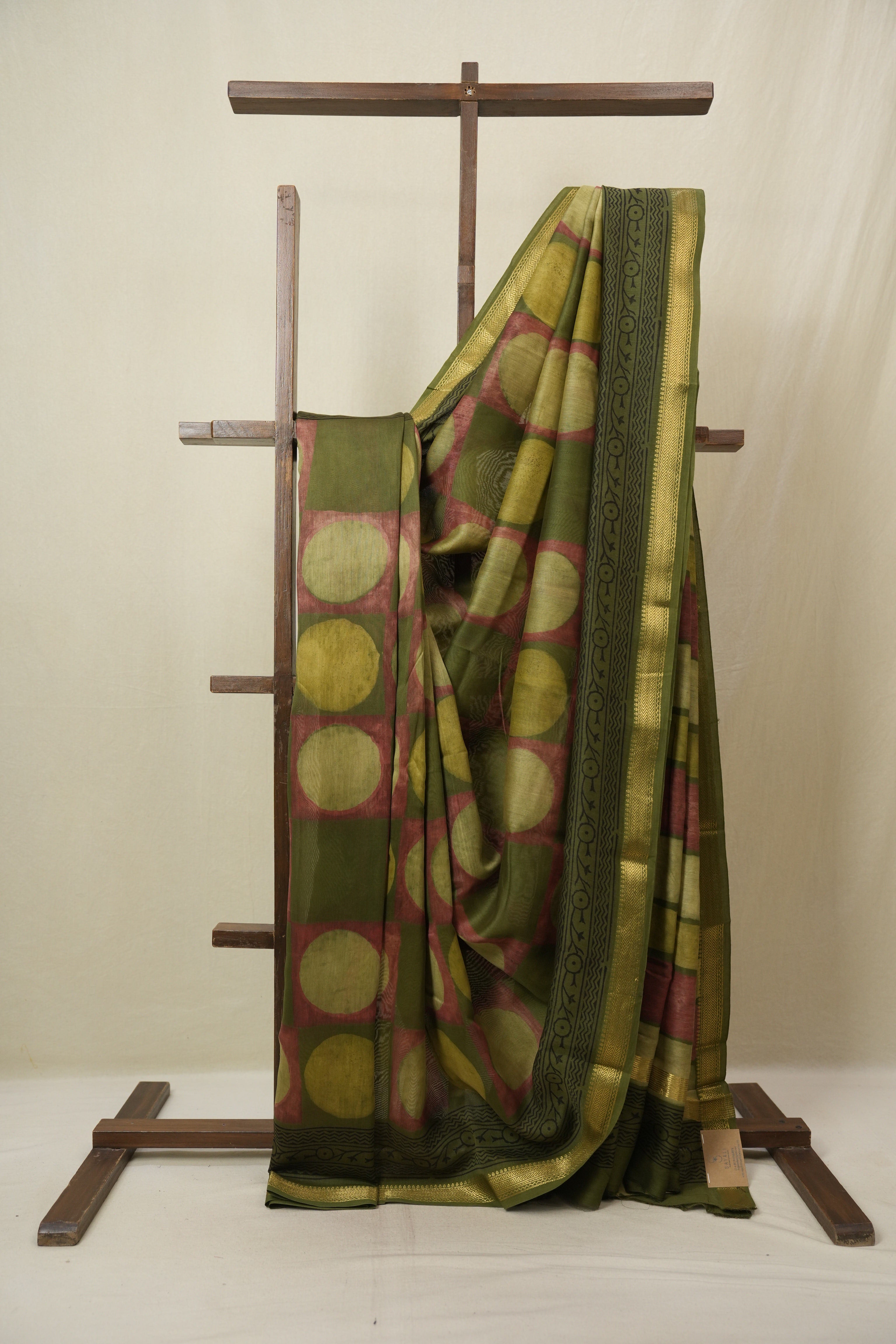 Olive Green Cotton Silk Saree with Maheshwari Border - SROGCSS1662