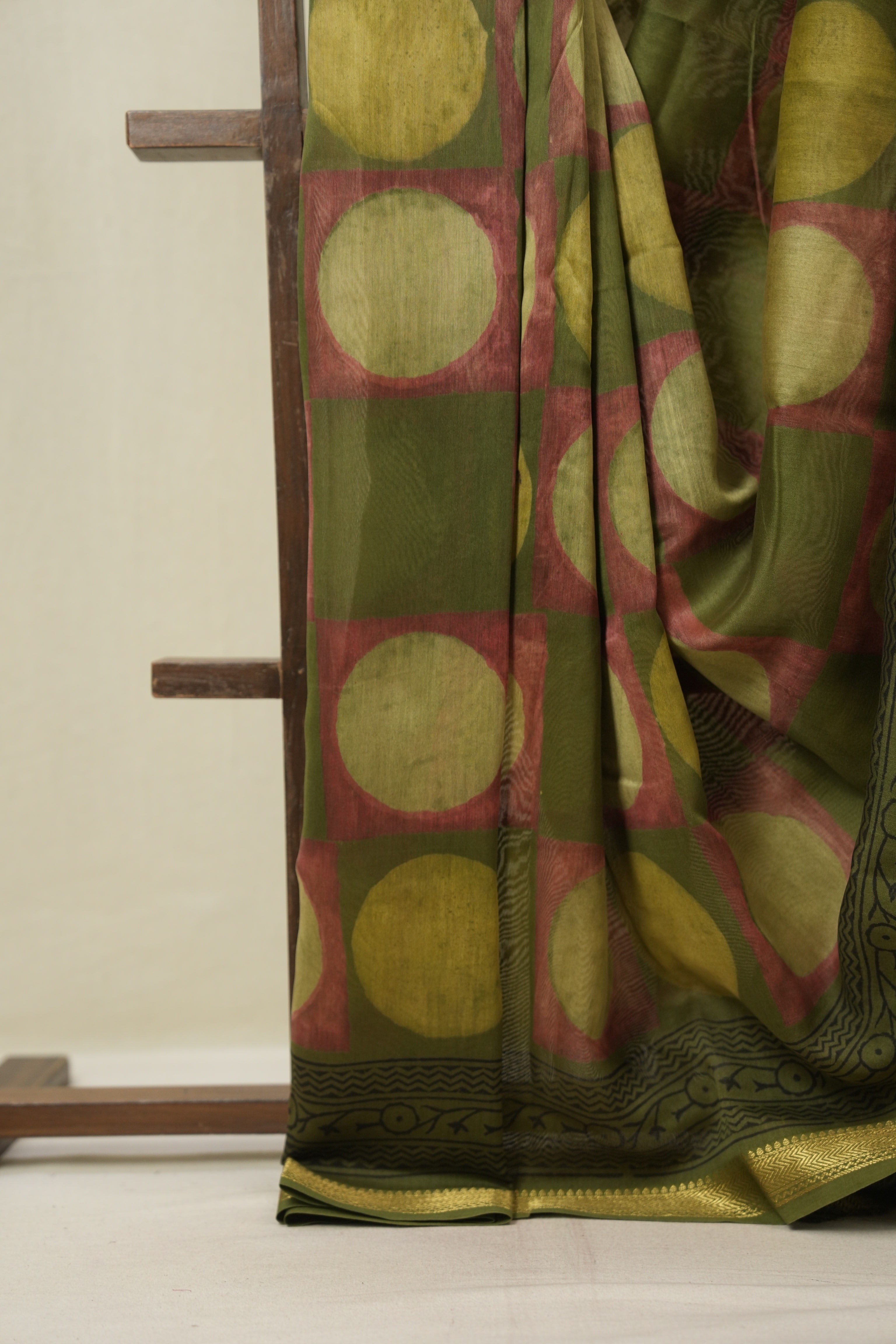 Olive Green Cotton Silk Saree with Maheshwari Border - SROGCSS1662