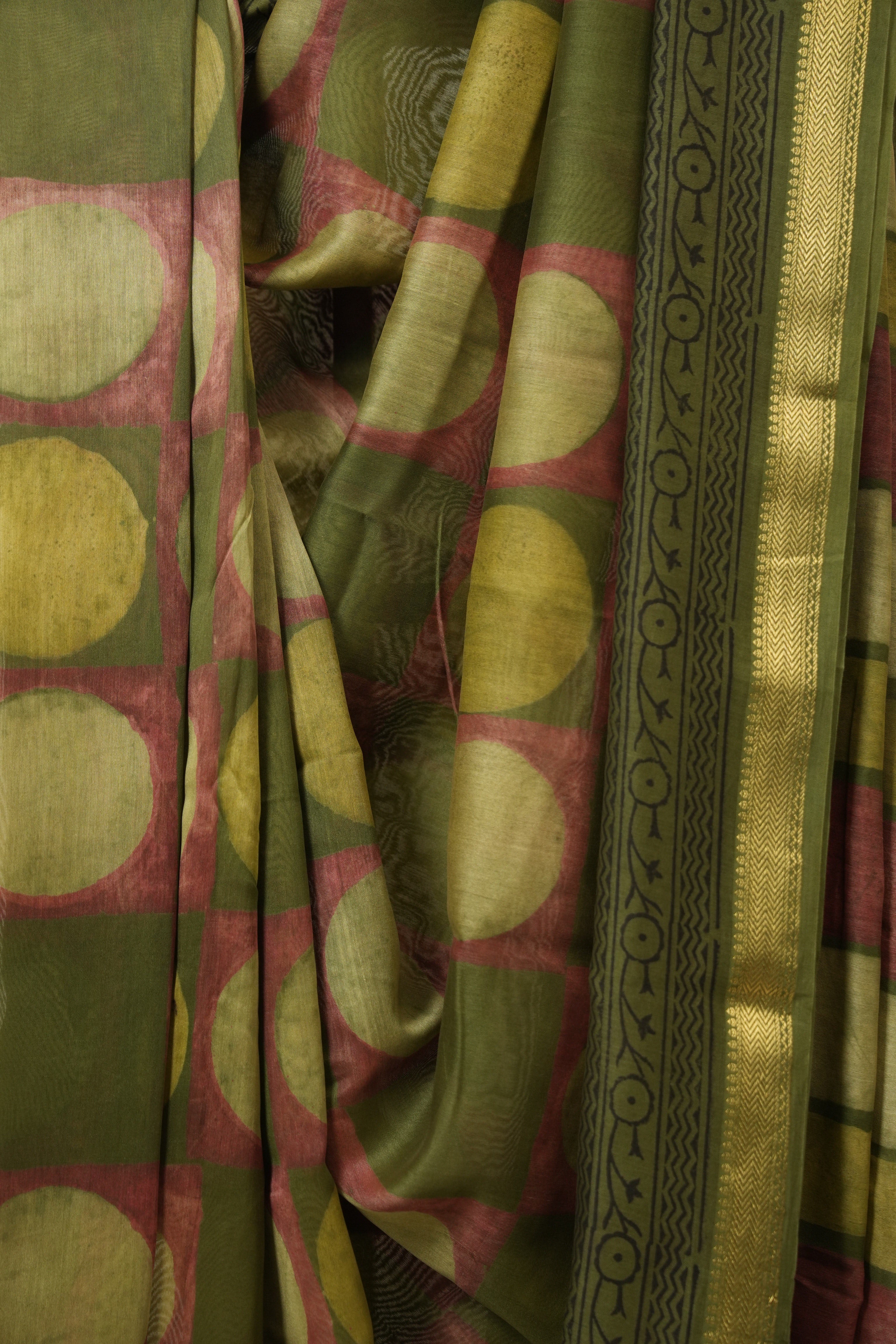 Olive Green Cotton Silk Saree with Maheshwari Border - SROGCSS1662