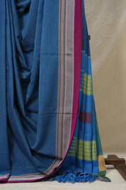 Peacock Blue Plain Cotton Ilkal Saree With Chikki Border  - SRPBCIS718