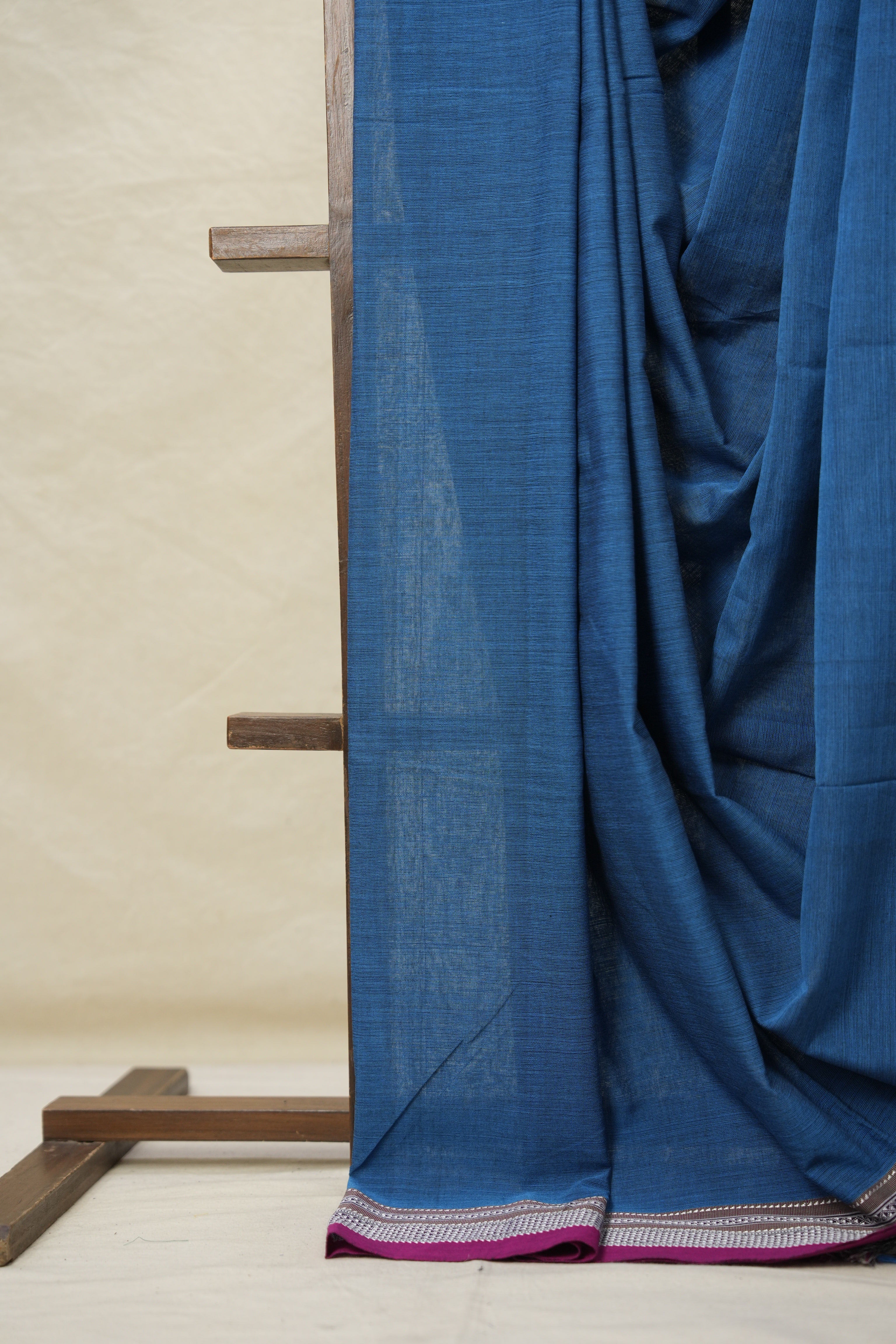 Peacock Blue Plain Cotton Ilkal Saree With Chikki Border  - SRPBCIS718