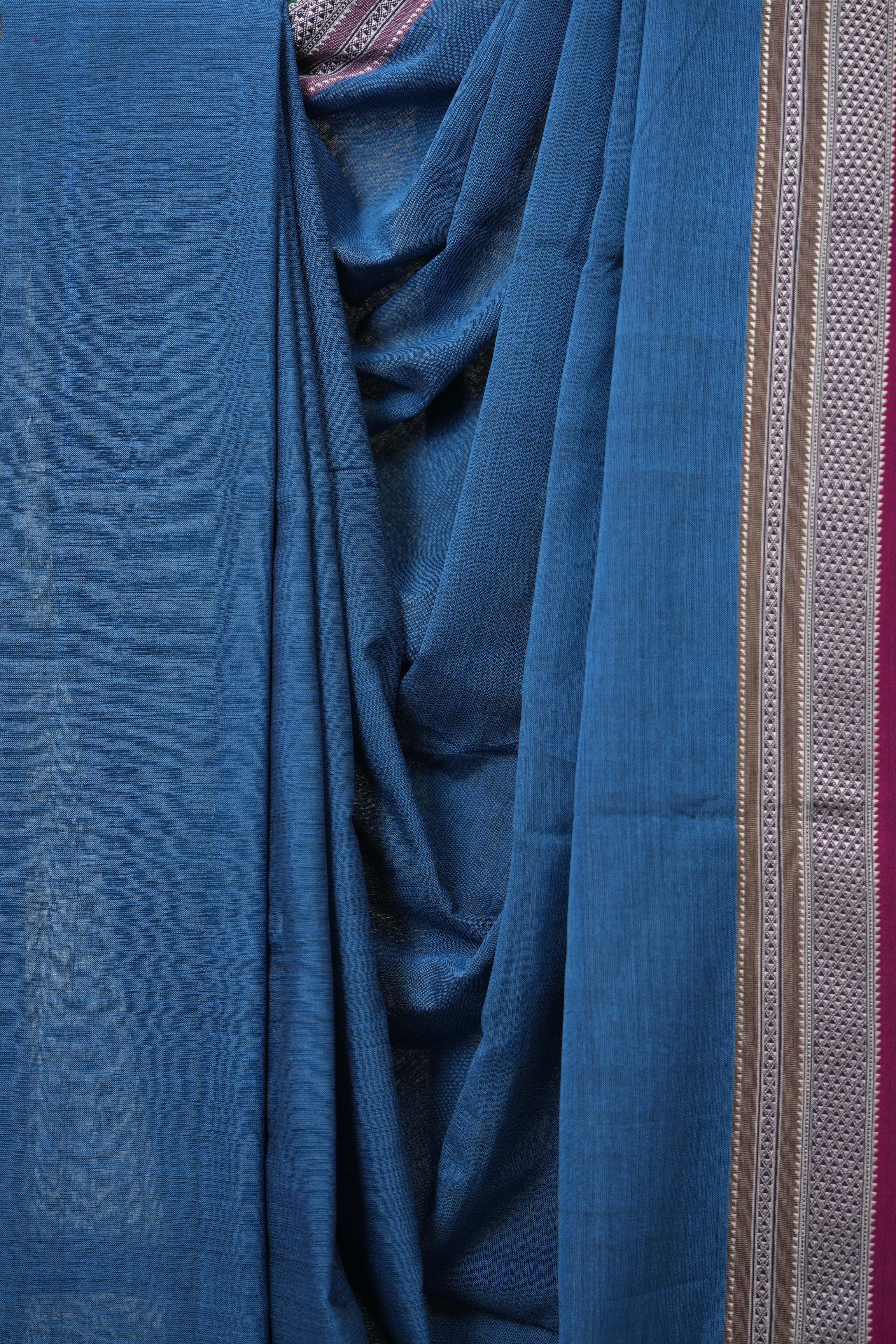 Peacock Blue Plain Cotton Ilkal Saree With Chikki Border  - SRPBCIS718