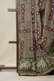 Beige Black Cotton Silk Saree With Maheshwari Border - SRBBCSS1506