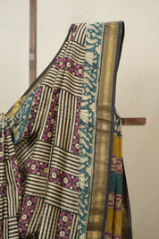 Beige Black Cotton Silk Saree With Maheshwari Border - SRBBCSS1506
