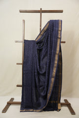 Navy Blue Cotton Silk Saree With Maheshwari Border - SRNBCSS1500