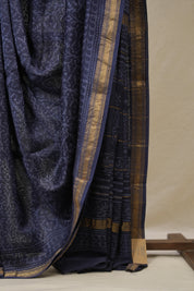 Navy Blue Cotton Silk Saree With Maheshwari Border - SRNBCSS1500