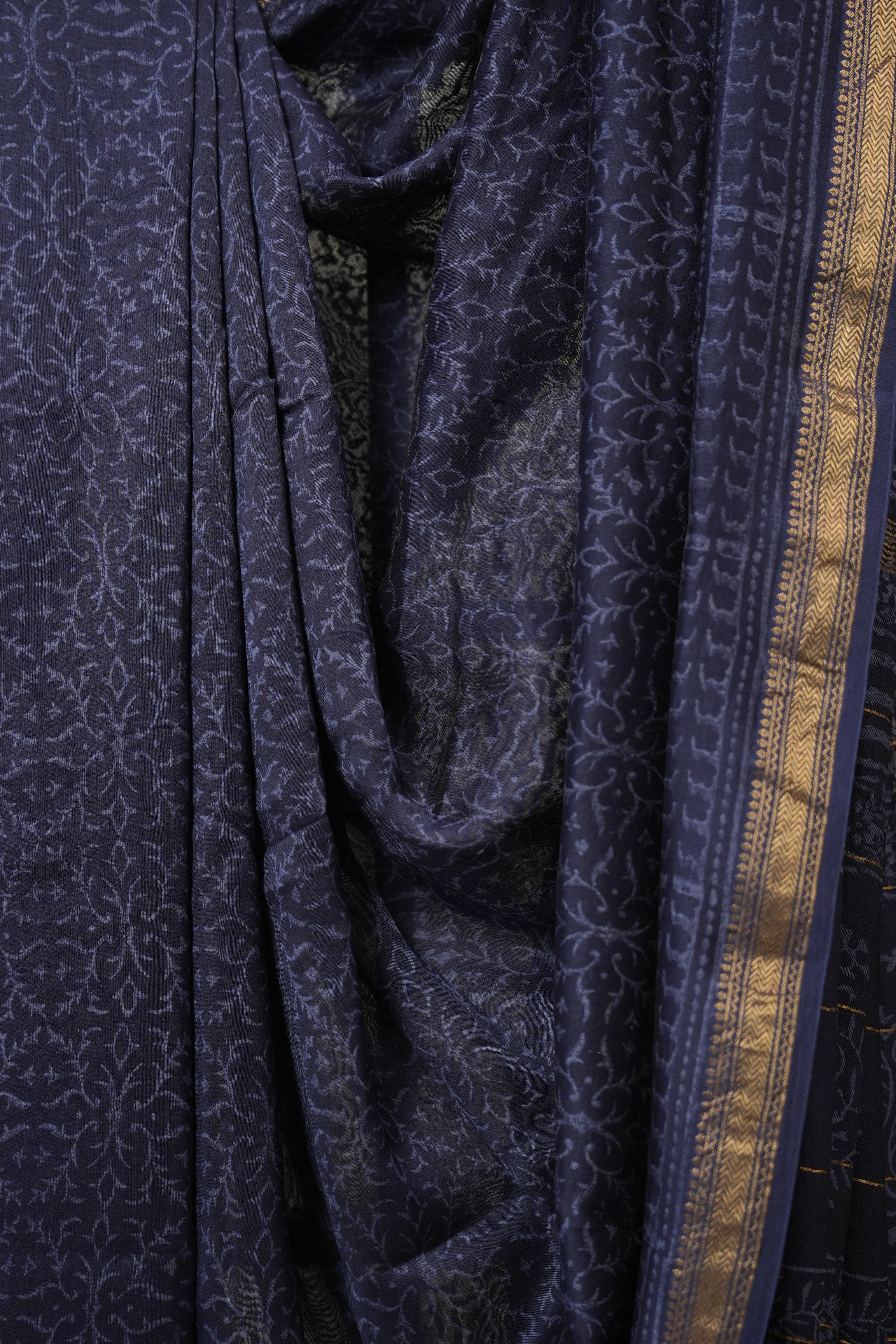 Navy Blue Cotton Silk Saree With Maheshwari Border - SRNBCSS1500