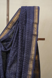 Navy Blue Cotton Silk Saree With Maheshwari Border - SRNBCSS1500