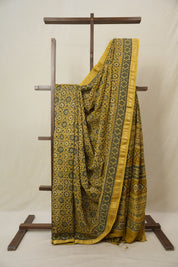 Mustard Yellow Ajrakh Cotton Silk Saree With Maheshwari Border - SRMYACSS1511
