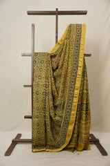 Mustard Yellow Ajrakh Cotton Silk Saree With Maheshwari Border - SRMYACSS1511